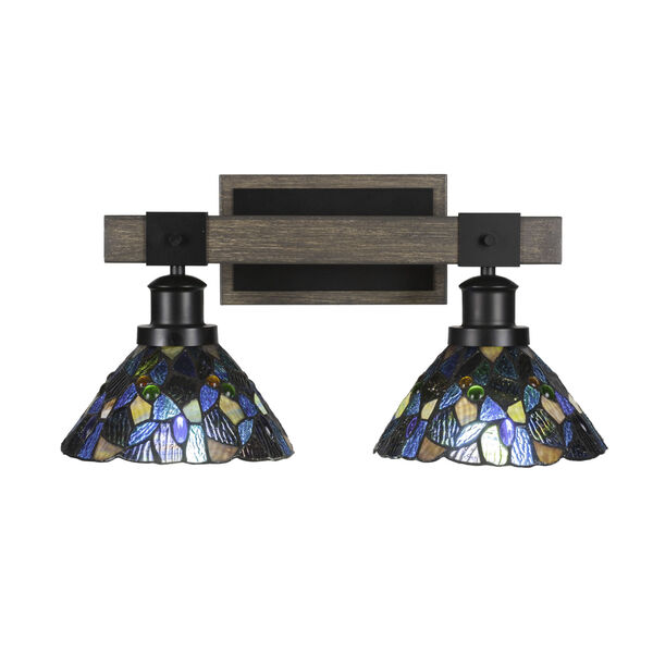 Tacoma Matte Black and Distressed Wood-lock Metal 18-Inch Two-Light Bath Light with Blue Mosaic Art Glass Shade, image 1