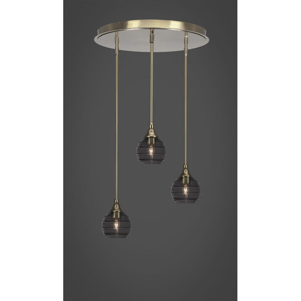 Empire New Age Brass Three-Light Cluster Pendalier with Six-Inch Smoke Ribbed Glass, image 2