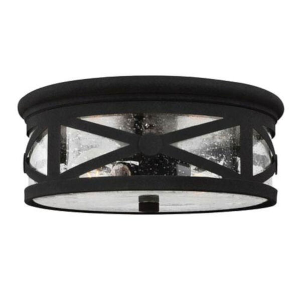 Hana Black Two-Light Outdoor Ceiling Flush Mount with Transparent Seeded Glass, image 1
