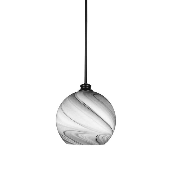 Kimbro Matte Black 12-Inch One-Light Stem Hung Pendant with Onyx Swirl Glass Shade, image 1