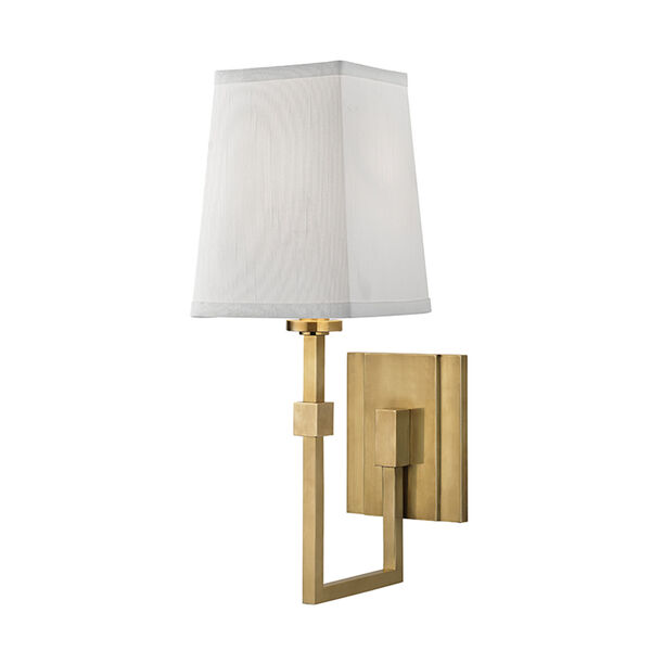 Fletcher Aged Brass One-Light Wall Sconce with White Faux Silk Shade, image 1