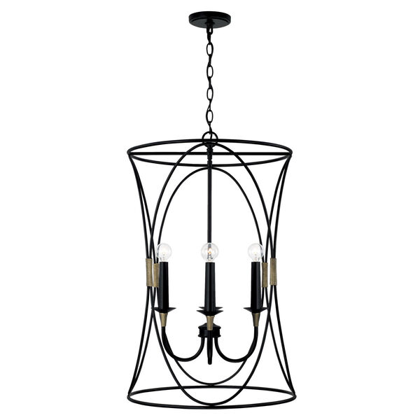 Amara Matte Black with Brass Four-Light Chandelier with and Brass Wrapped Detail, image 1