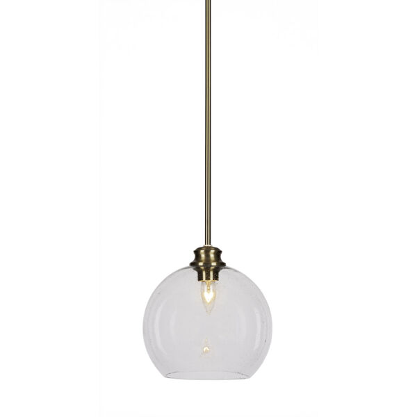 Kimbro New Age Brass One-Light 10-Inch Stem Hung Mini Pendant with Clear Bubble Glass, image 1