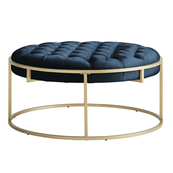 Minnie Blue and Gold Finish Velvet Button Tufted Round Ottoman, image 3