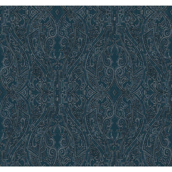 Ronald Redding Dark Blue Ascot Damask Non Pasted Wallpaper - SWATCH SAMPLE ONLY, image 2
