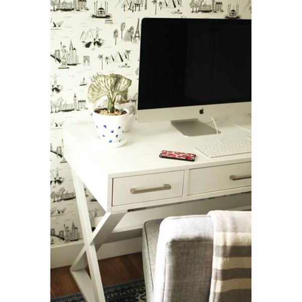 White Casual Three Drawer Desk with Criss-Cross Legs, image 4