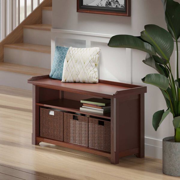 Milan Walnut Storage Bench with Three Foldable Woven Baskets, image 3