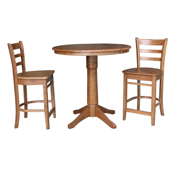 Distressed Oak 36-Inch Round Extension Dinin Table with Two Stool, image 1
