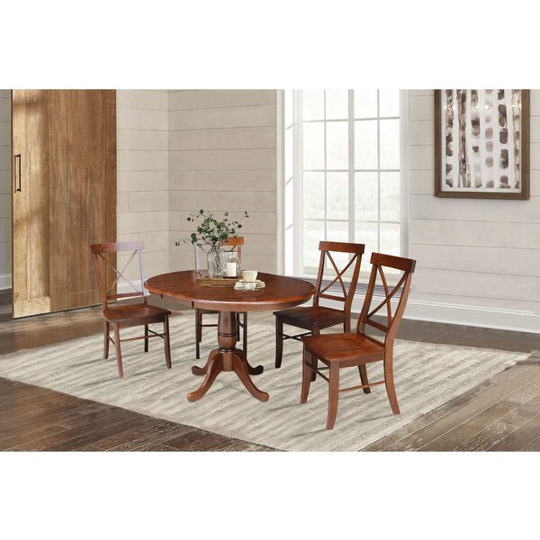 Espresso Round Top Pedestal Table with 12-Inch Leaf and X-Back Chairs, 5-Piece, image 2