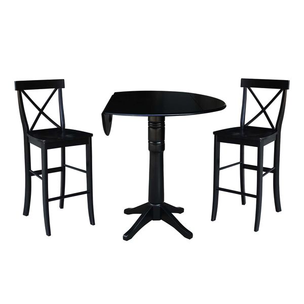 Black Round Top Pedestal Bar Height Table with X-Back Stools, 3-Piece, image 1