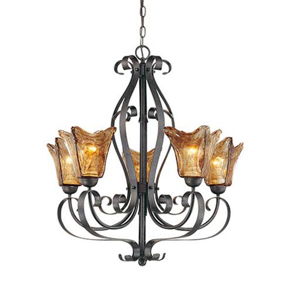 Chatsworth Burnished Gold Five-Light Chandelier with Umber Swirl Glass, image 1