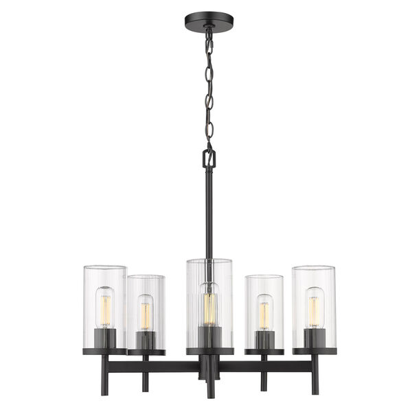 Winslett Matte Black 24-Inch Five-Light Chandelier with Ribbed Clear Glass Shade, image 2