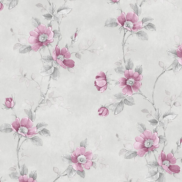Poppy Pink and Grey Floral Wallpaper, image 1