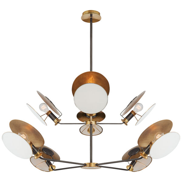 Osiris Large Reflector Chandelier in Bronze and Hand-Rubbed Antique Brass with Linen Diffuser by Thomas O'Brien, image 1