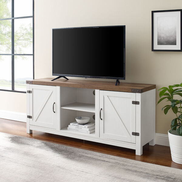 Reclaimed Barnwood and Brushed White Double Barn Door TV Stand, image 1