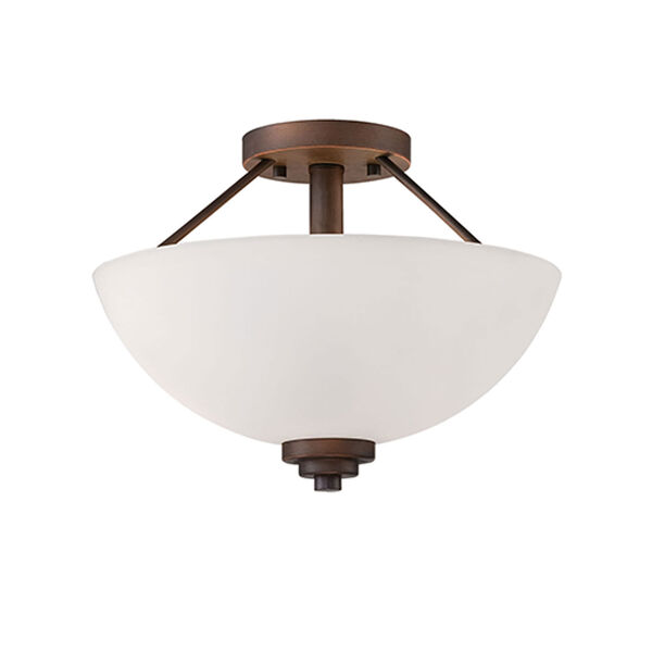Durham Rubbed Bronze 13.5-Inch Two-Light Semi-Flush Mount with Etched White Glass, image 1