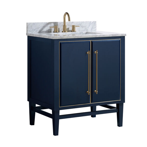 Navy Blue 31-Inch Bath vanity Set with Gold Trim and Carrara White Marble Top, image 2
