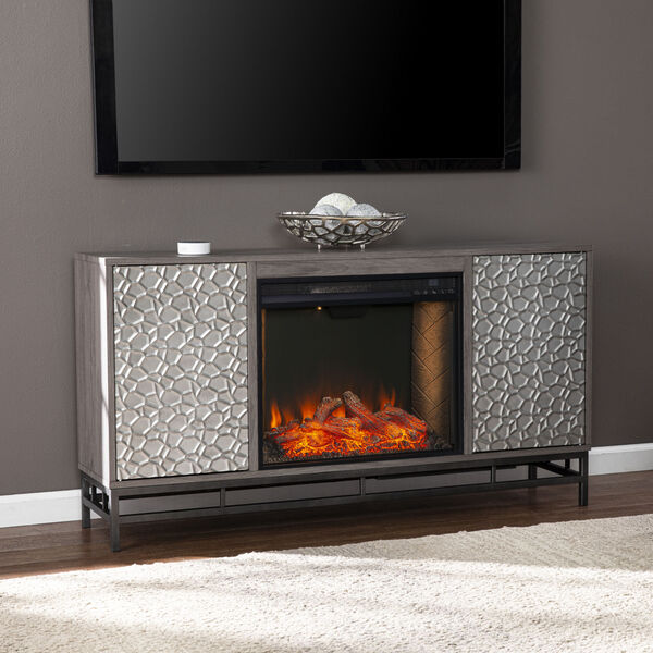 Hollesborne Gray and gunmetal gray Alexa Smart Fireplace with Media Storage, image 4