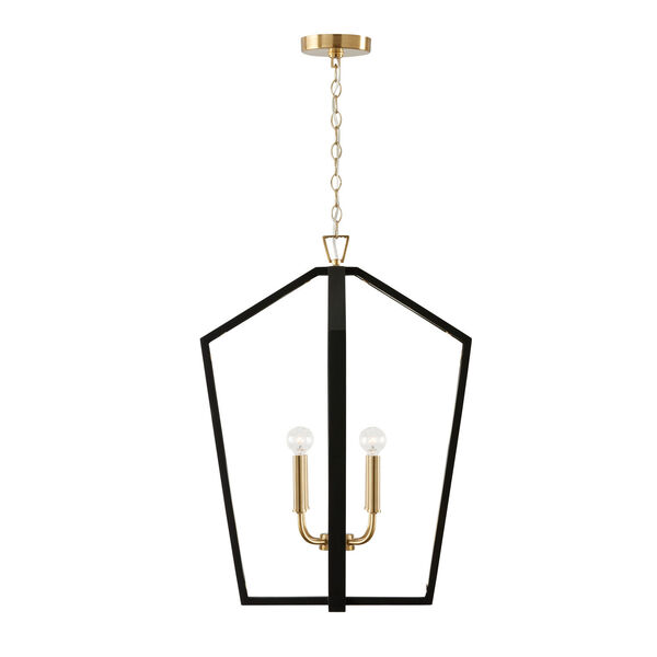 Maren Flat Black and Matte Brass Four-Light Pendant Made with Handcrafted Mango Wood, image 3
