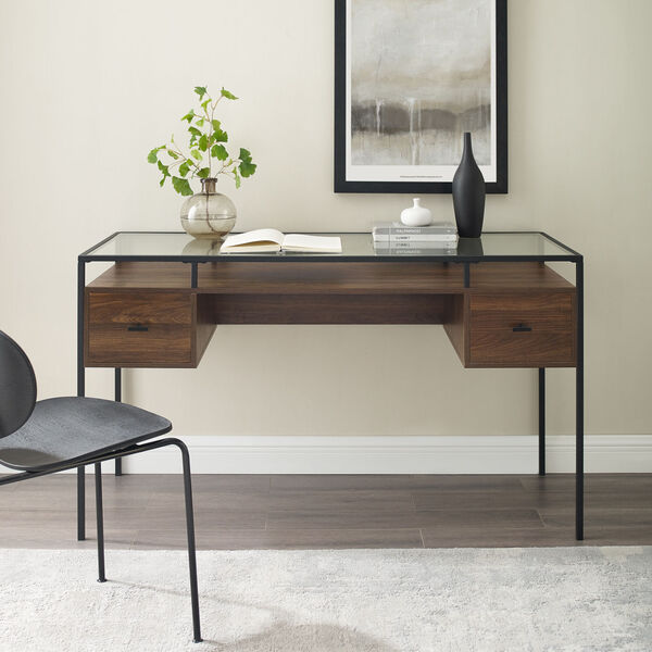 Fulton Dark Walnut and Black Two Drawer Desk with Glass Top, image 1