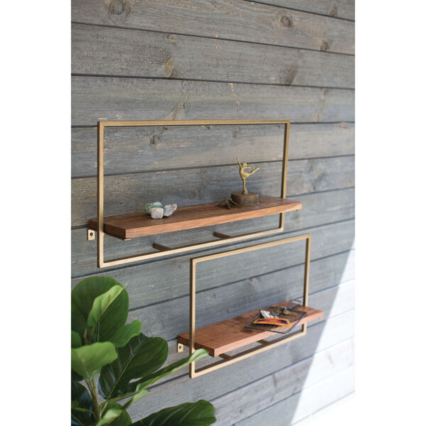 Brass and Natural Square Iron with Mango Wooden Wall Shelves, Set of 2, image 1