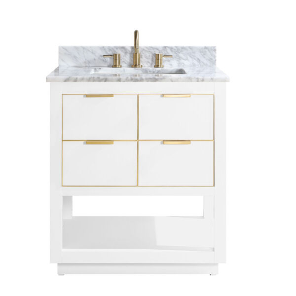 White 31-Inch Bath vanity with Gold Trim and Carrara White Marble Top, image 1