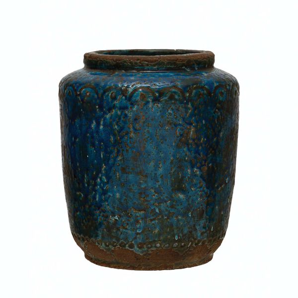 Distressed Blue Debossed Terra-Cotta Eight-Inch Vase, image 1