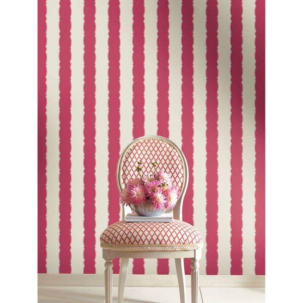 Grandmillennial Red Scalloped Stripe Pre Pasted Wallpaper, image 1