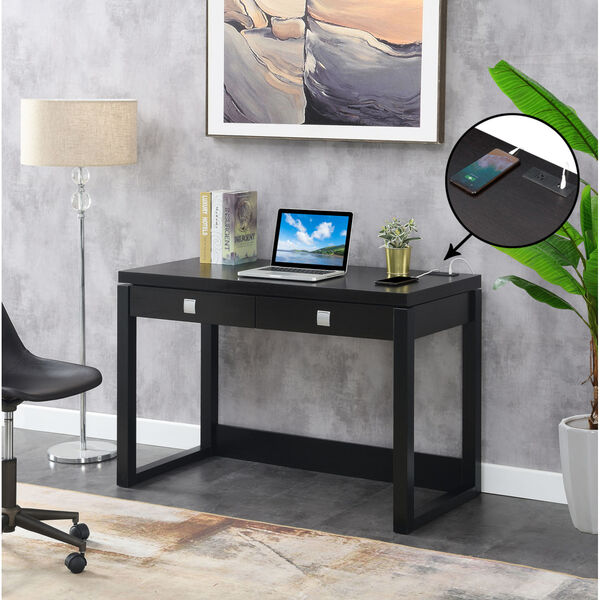 Newport Espresso and Black Two-Drawer Desk with Charging Station, image 2