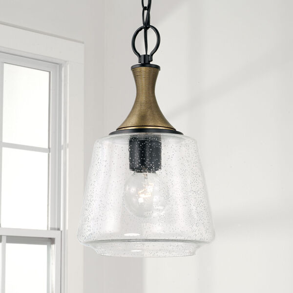 Amara Matte Black with Brass One-Light Pendant with Diamond Embossed Glass and Black Braided Cord, image 4