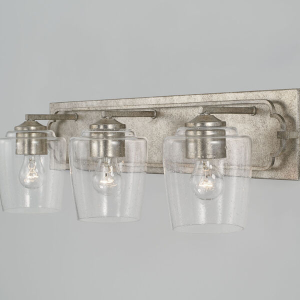 Merrick Antique Silver Three-Light Bath Vanity with Clear Seeded Glass Shades, image 4