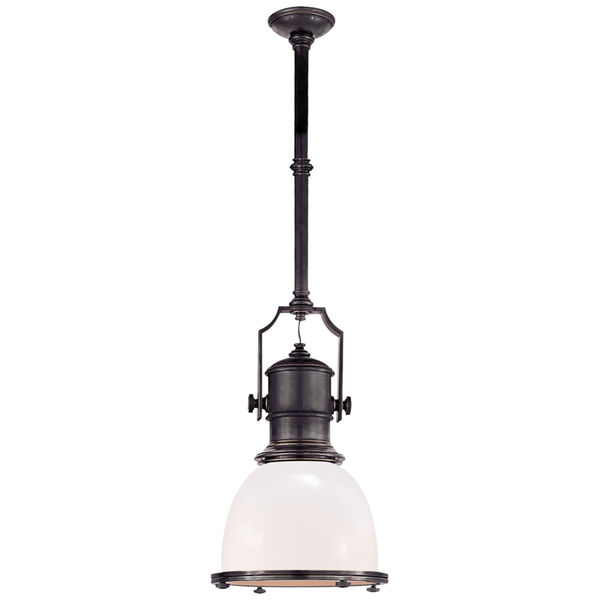 Country Industrial Small Pendant in Bronze with White Glass Shade by Chapman and Myers, image 1