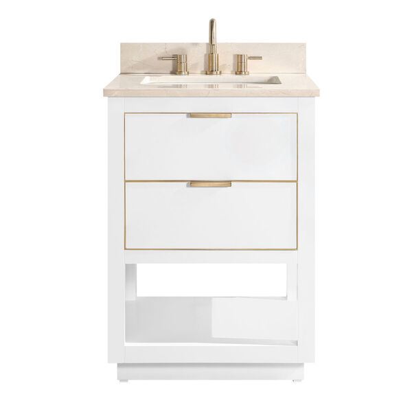 White 25-Inch Bath vanity with Gold Trim and Crema Marfil Marble Top, image 1
