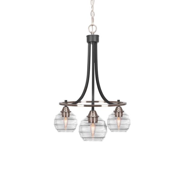 Paramount Matte Black Brushed Nickel Three-Light Chandelier with Clear Ribbed Glass, image 1