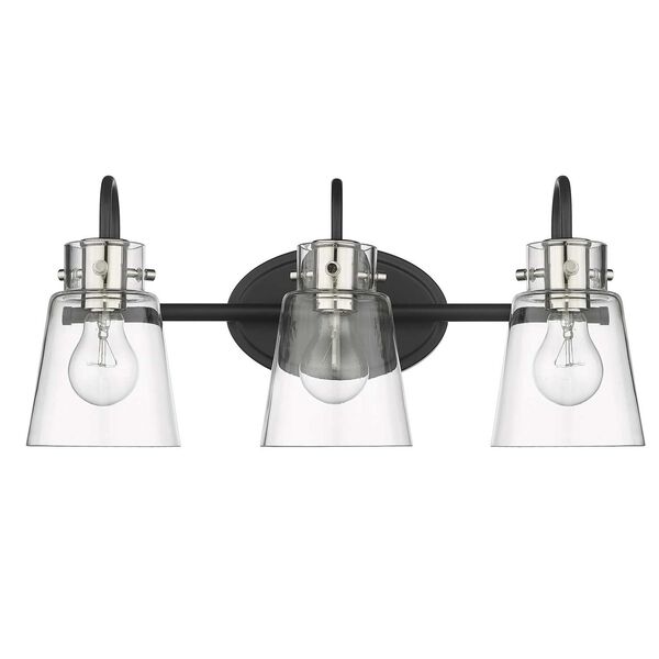 Bristow Matte Black and Polished Nickel Three-Light Bath Vanity with Clear Glass, image 1