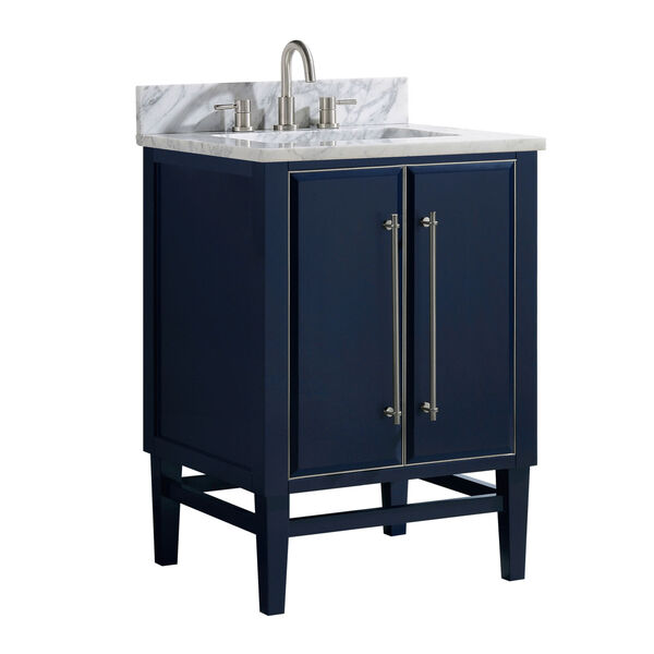 Navy Blue 25-Inch Bath vanity Set with Silver Trim and Carrara White Marble Top, image 2