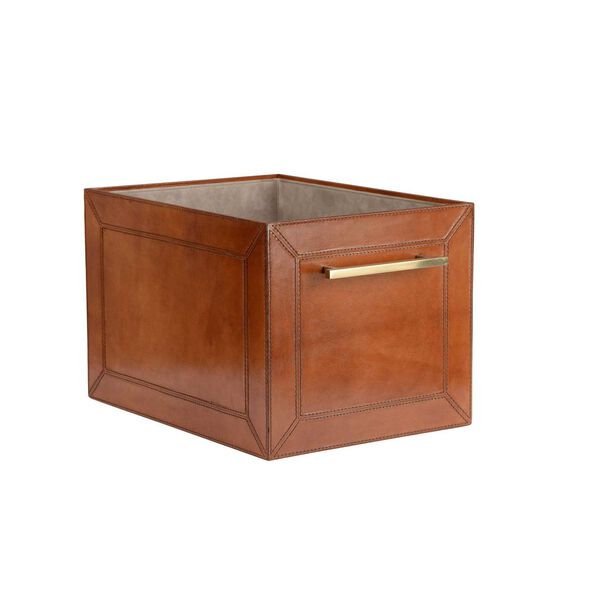 Cognac and Polished Brass Leather Storage Cube, image 1
