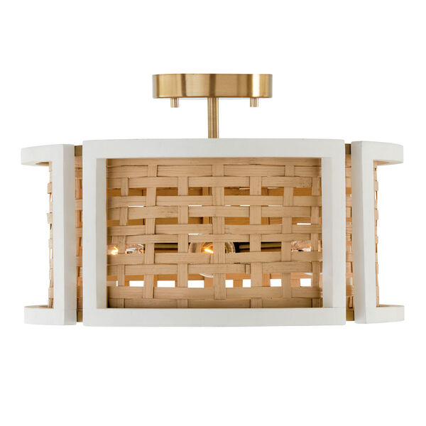 Lola Flat White and Matte Brass Four-Light Semi-Flush or Pendant Made with Handcrafted Mango Wood and Rattan, image 1