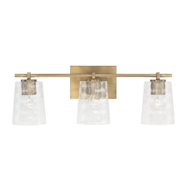 Burke Aged Brass Three-Light Bath Vanity with Clear Honeycomb Glass Shades, image 2