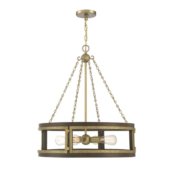 Lakefield Burnished Brass and Walnut Four-Light Pendant, image 1