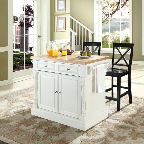 Butcher Block Top Kitchen Island in White Finish with 24-Inch Black X-Back Stools, image 4