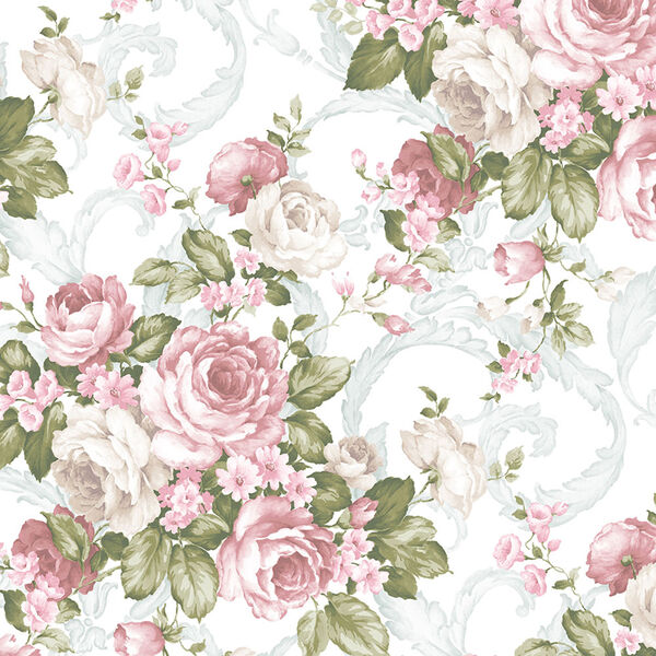 Grand Floral Pink, Green and Light Turquoise Wallpaper, image 1