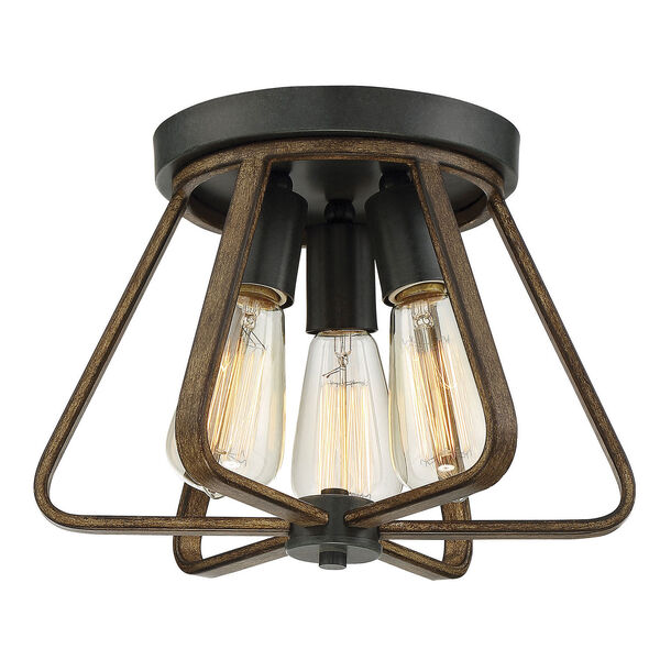 River Station Weathered Wood with Copper Gold Three-Light Flush Mount, image 1