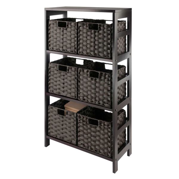 Leo Espresso Storage Shelf with Six Foldable Woven Baskets, 7-Piece, image 6