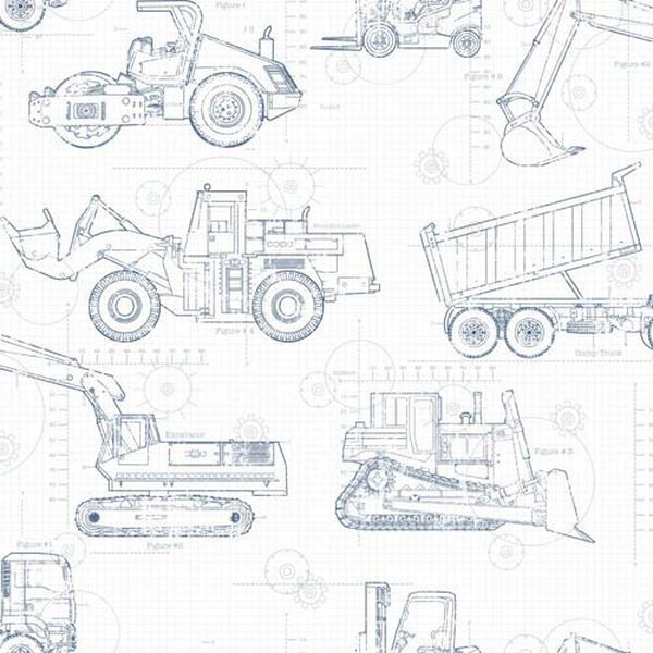 Cool Kids White, Blue, Grey and Prussian Blue Blueprint Construction Wallpaper, image 1