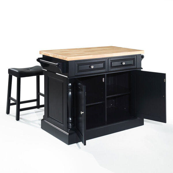 Butcher Block Top Kitchen Island in Black Finish with 24-Inch Black Upholstered Saddle Stools, image 2
