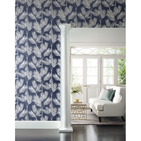 Waters Edge Navy King Palm Silhouette Pre Pasted Wallpaper, image 1