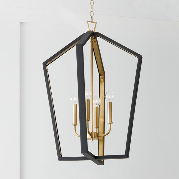 Maren Flat Black and Matte Brass Four-Light Pendant Made with Handcrafted Mango Wood, image 5