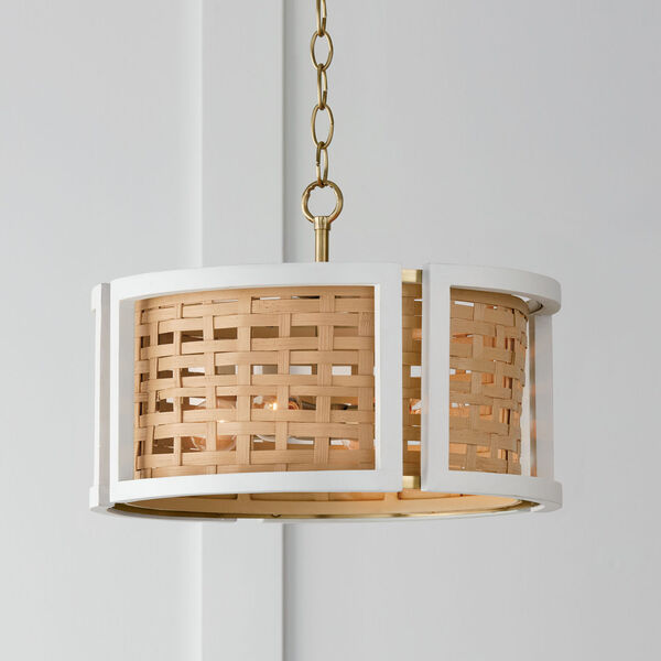 Lola Flat White and Matte Brass Four-Light Semi-Flush or Pendant Made with Handcrafted Mango Wood and Rattan, image 4