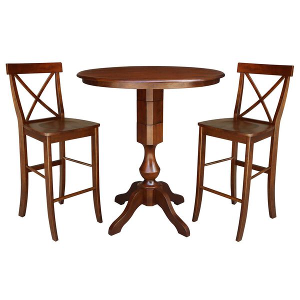 Espresso 36-Inch Round Pedestal Bar Height Table with X-Back Stools, 3-Piece, image 1